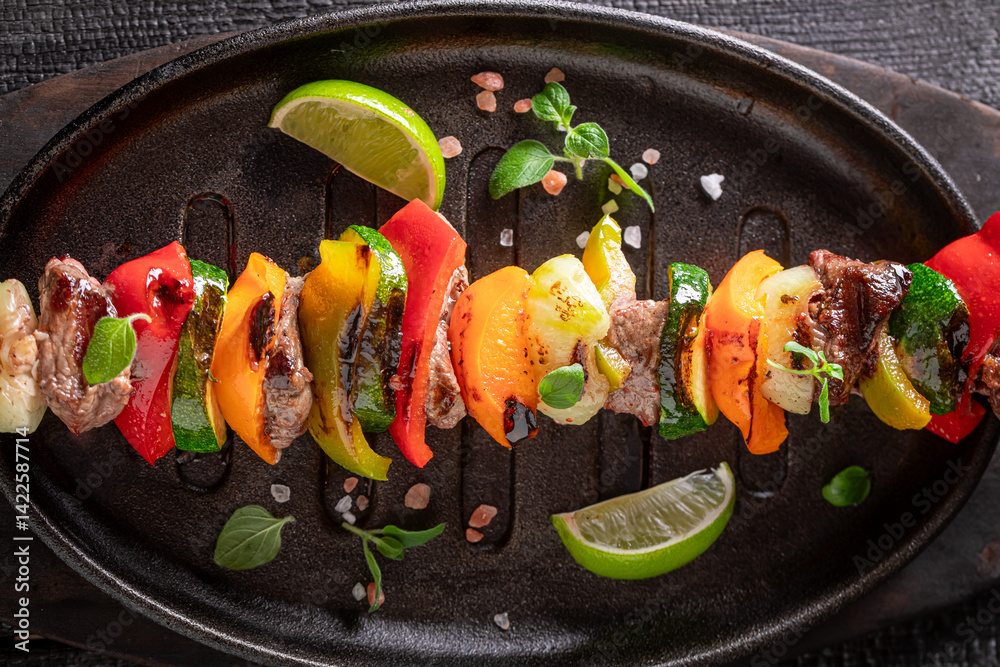 Tasty roasted skewer as summer snack for bbq.