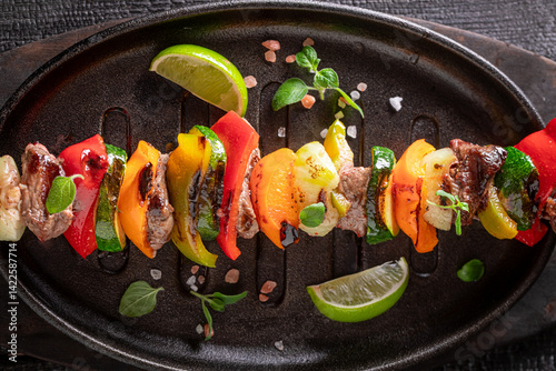 Tasty roasted skewer as summer snack for bbq.