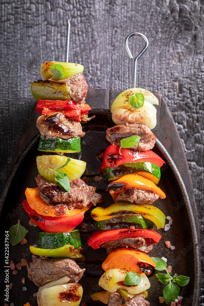 Hot grilled skewer as healthy summer appetizer.