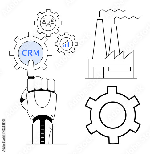 Robotic hand clicks CRM gear among analytics and industrial-themed gears with icons. Ideal for automation, CRM, innovation, robotics, business systems, industry 4.0, simple landing page