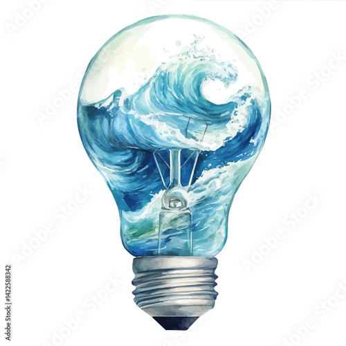 Light Bulb Filled With Ocean Waves, vector watercolor illustration, isolated on a white background.