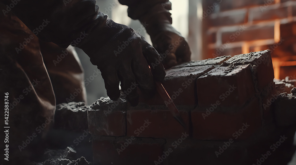 Fototapeta premium Construction Worker Laying Bricks