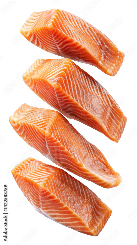 Four beautiful fresh uncooked salmon fillets stacked on each other vertically Four beautiful fresh uncooked salmon fillets stacked on each other vertically