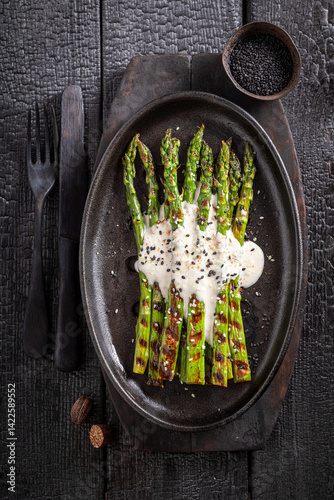 Green roasted asparagus with sesame and lime.