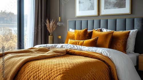 Glamorous hotel-style bedroom with velvet blankets, gold throw pillows, and modern nightstands  