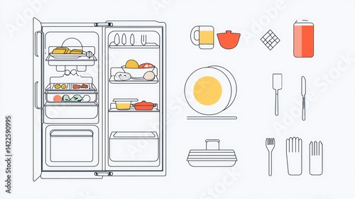 Open refrigerator showing food and kitchenware