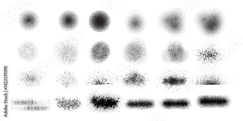 Big Collection Halftone grain scatter brushes . Noise vanishing. Grunge texture. Spray dots. Creative artistic brush collection. Basic kit. Ink paint strokes. Vector illustration Spray