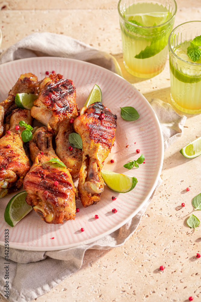 Spicy grilled chicken leg as summer snack for bbq.