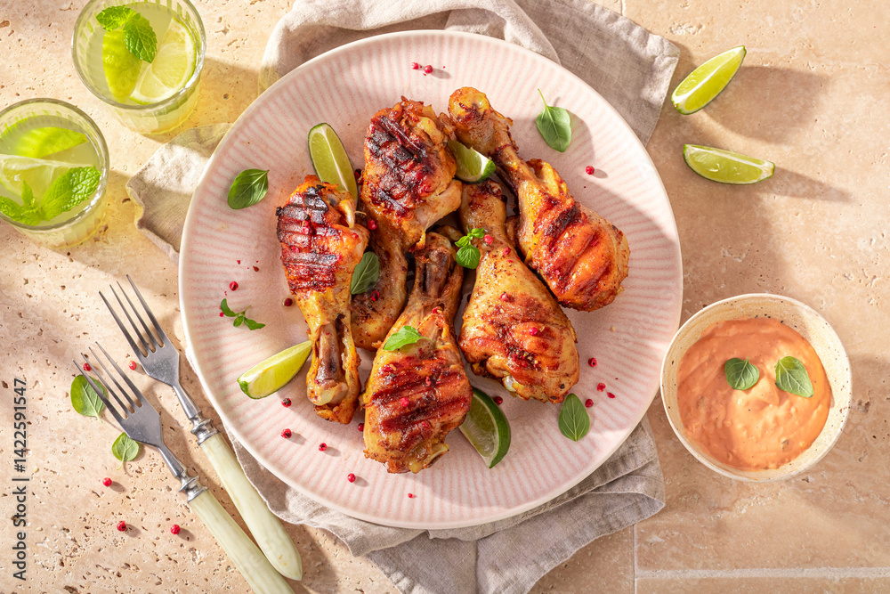Spicy grilled chicken leg as healthy summer appetizer.