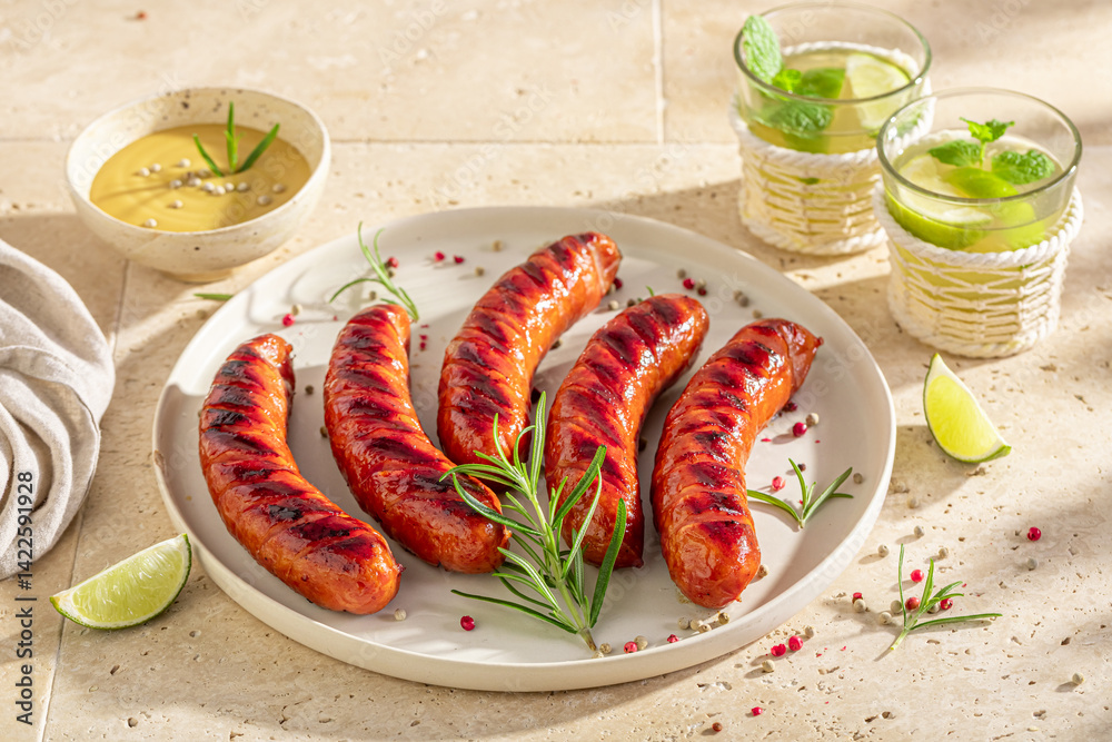 Delicious grilled sausage served with lime and rosemary.