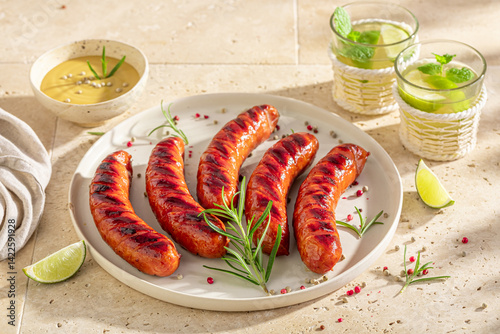 Obraz na płótnie Delicious grilled sausage served with lime and rosemary. w salonie
