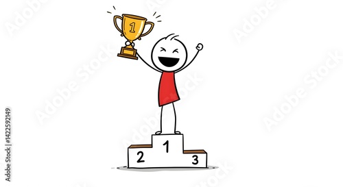 Stick Figure Winning Podium with Hand-Drawn Style, White Background