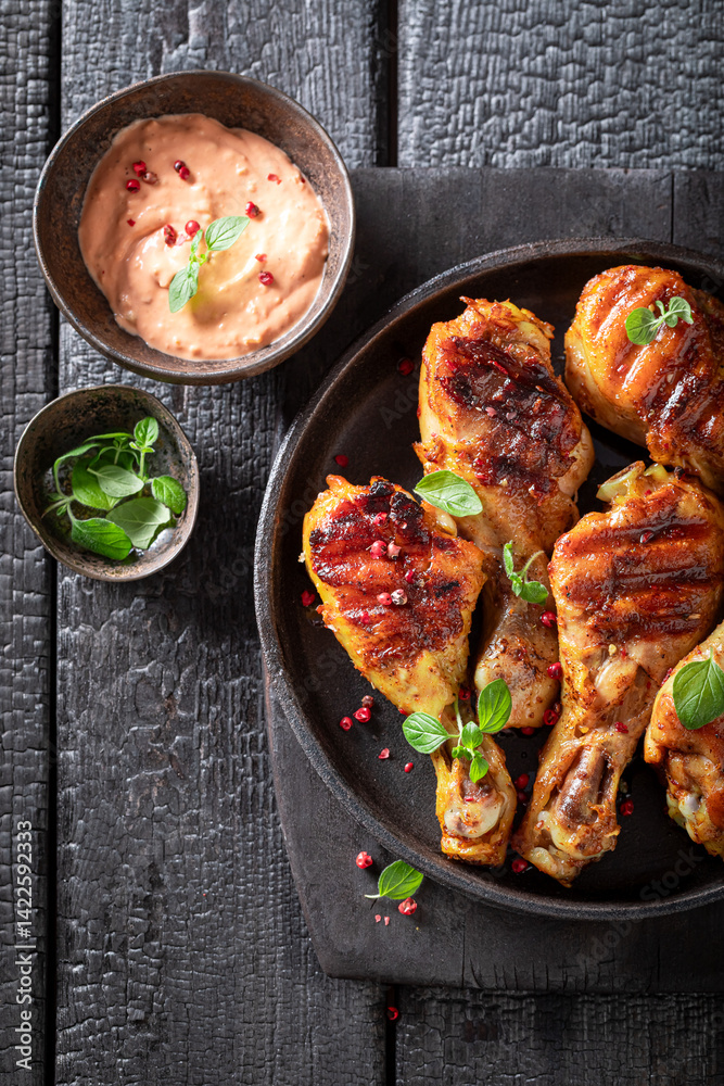 Crispy roasted chicken leg as a summer dinner.