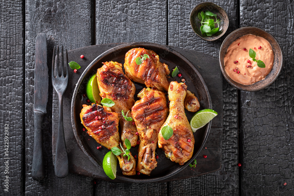 Crispy roasted chicken leg as summer delicacy in sunny day.