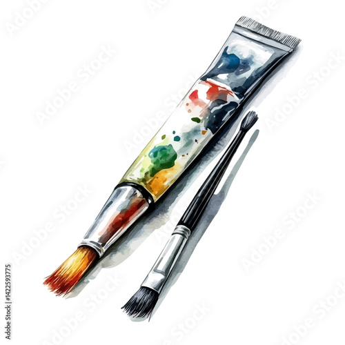 Large Tube Of Oil Paint With Brush, watercolor vector, isolated on a white background.