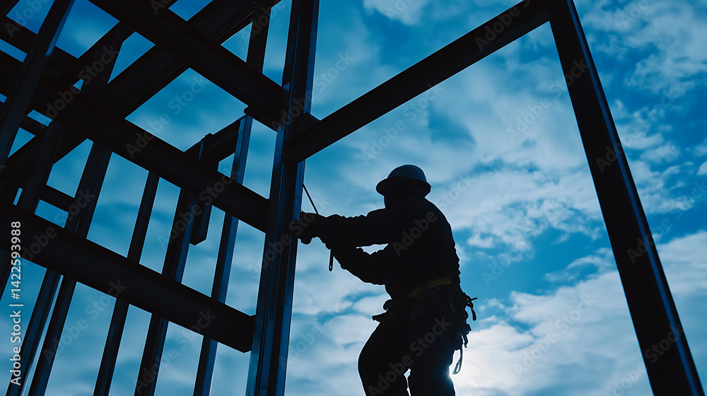 Construction Worker on Steel Frame Against Sky