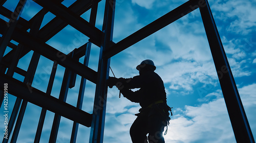 Obraz na płótnie Construction Worker on Steel Frame Against Sky w salonie