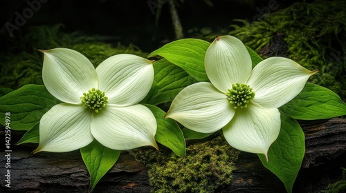 Close-up of two dogwood blossoms nestled among moss and bark.