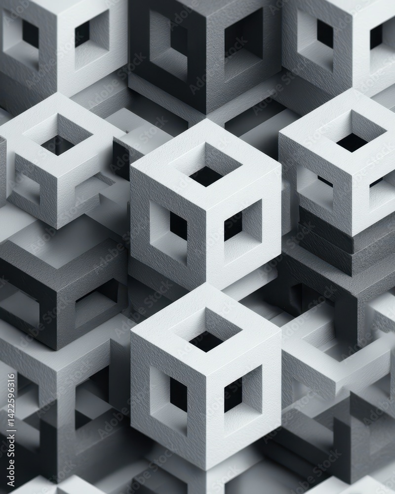 Fototapeta premium Monochromatic abstract 3D cube art with depth & perspective. The texture is slightly rough and industrial for a modern aesthetic.