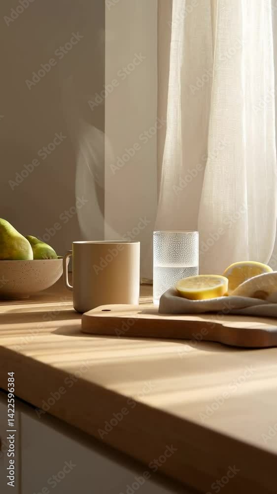 Tasse fumante et fruits sur table en bois dans une lumière matinale douce
