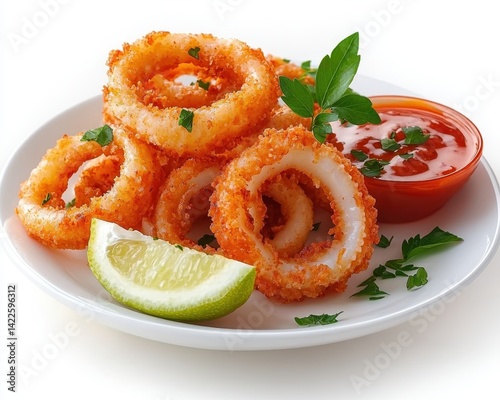 Crispy Golden Fried Calamari Rings with Garnish and Dipping Sauce