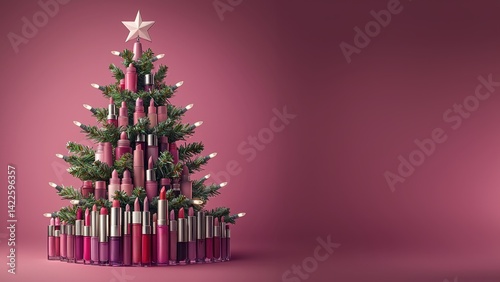 Festive Christmas Tree Made of Colorful Lipstick and Beauty Products