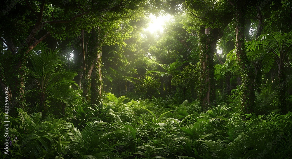 Obraz premium Illustration of vibrant green tropical leaves in a lush forest, perfect for nature-themed designs and seasonal backgrounds.