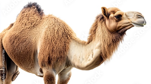Majestic camel standing tall isolated on a white background focusing on its detailed fur texture and strong hump