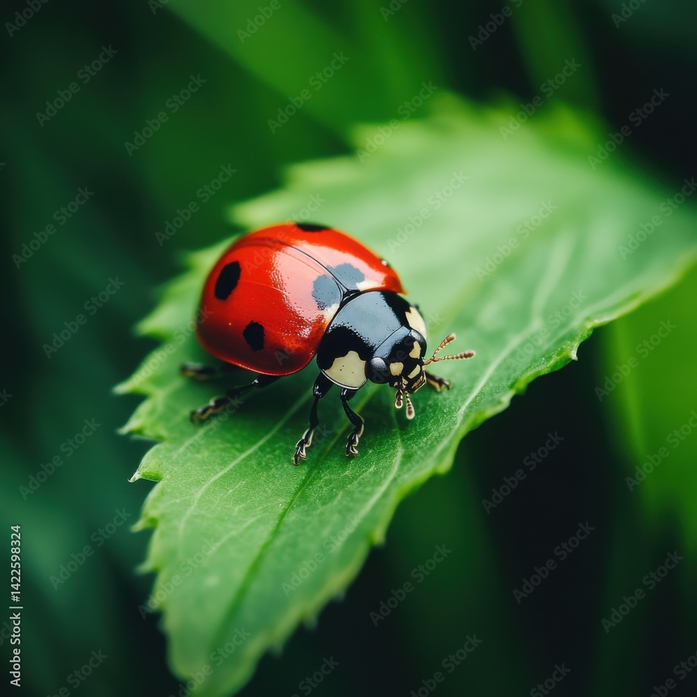 Close-Up of a Vibrant Red Ladybug on a Green Leaf Surface Close-Up of a Vibrant Red Ladybug on a Green Leaf Surface