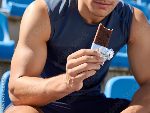 Sportler isst Proteinriegel zur Regeneration im Stadion