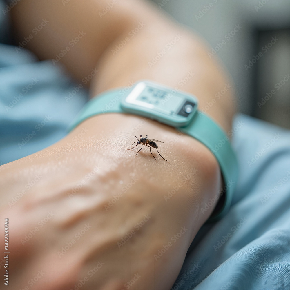 Obraz premium Mosquito biting arm with fitness tracker on wrist