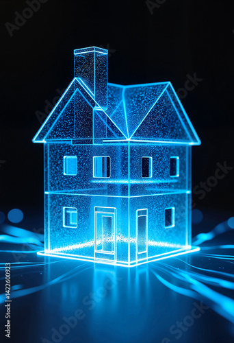 Glowing blue hologram house on dark background
