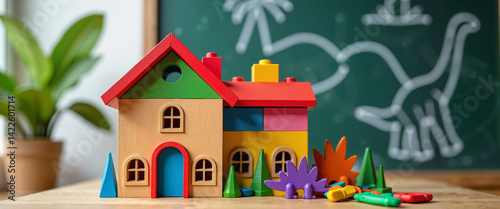 Colorful toy house with dinosaur drawing on chalkboard