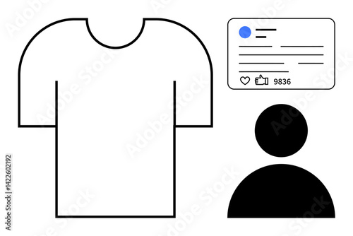 Blank t-shirt next to a user profile icon and a social media post with thumbs ups and engagement stats. Ideal for customization, branding, marketing, identity, fashion, social engagement, simple
