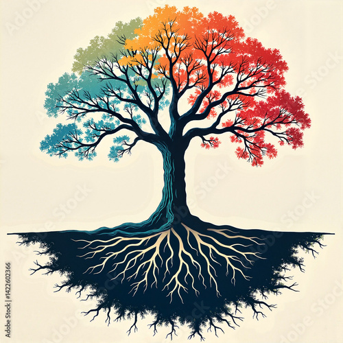 Colorful tree of life illustration with exposed roots