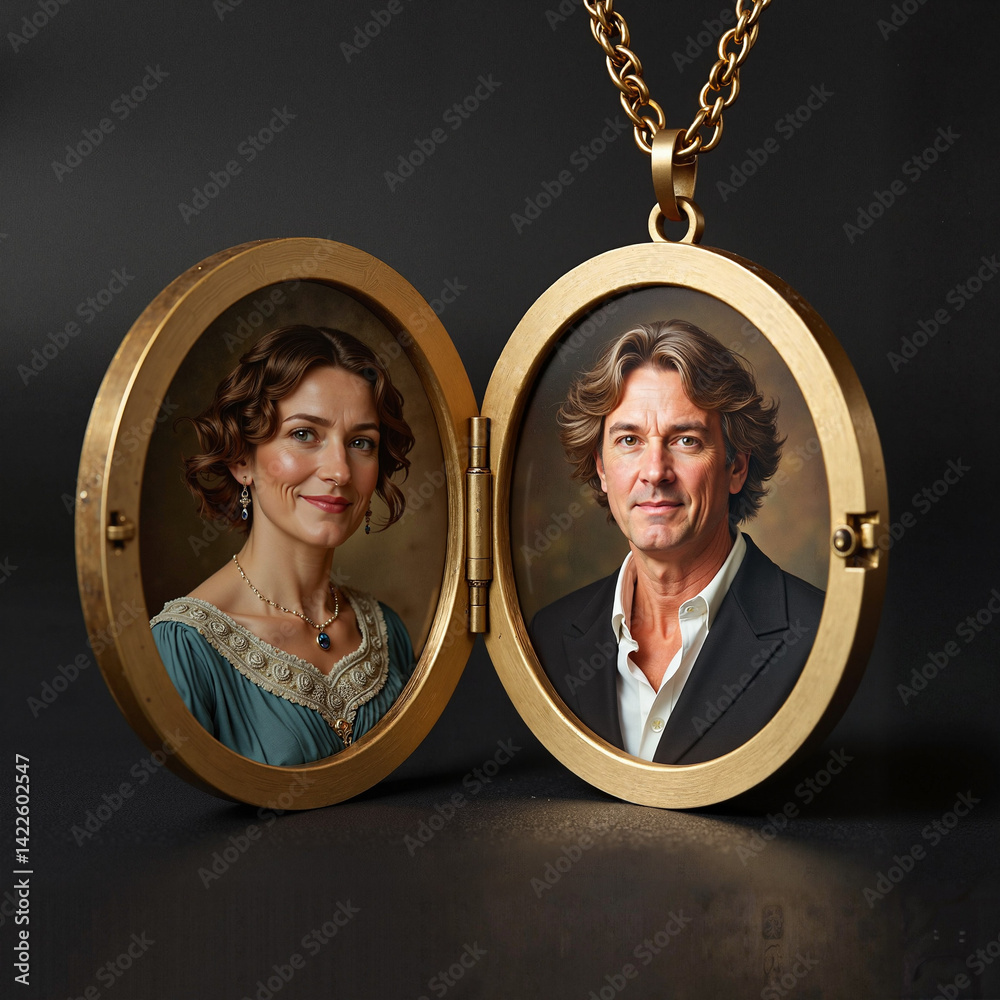 Golden locket with portraits against dark background