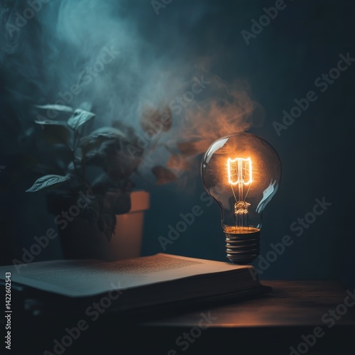 Illuminated Light Bulb with Book and Plant in Moody Atmosphere