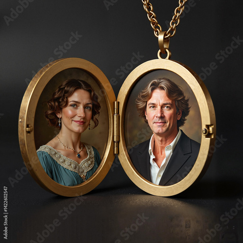 Obraz na płótnie Golden locket with portraits against dark background w salonie