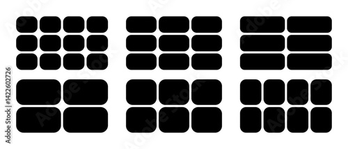 Set of rectangle shapes divided into equal parts. Collage, story or mood board, poster or banner, presentation or brochure templates. Image gallery or photo album mockups. Vector illustration.