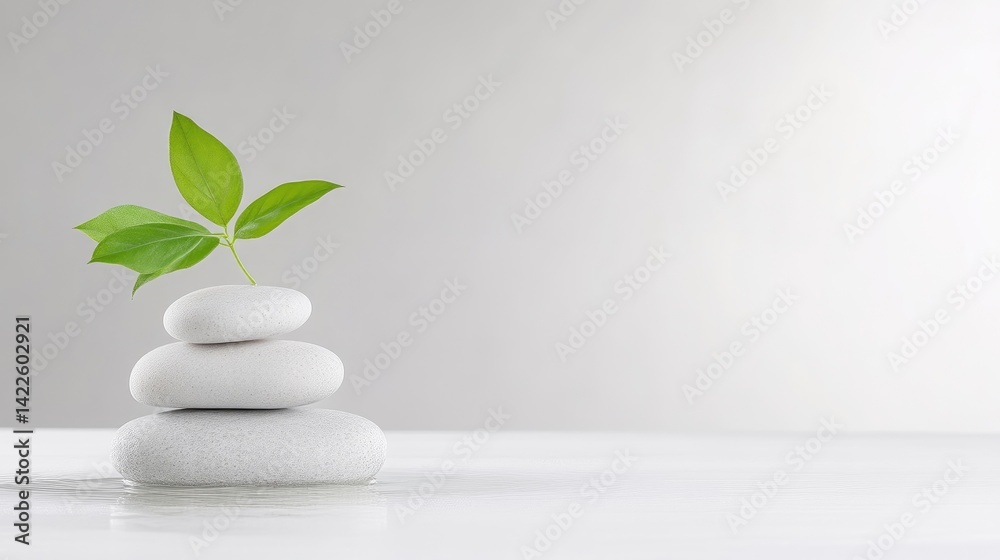 Obraz premium Stacked Stones Small Plant Minimalist Style High-resolution Soft Lighting Center Focus Smooth Textures Growth Concept Bright White Background Serene Mood Wellness Branding