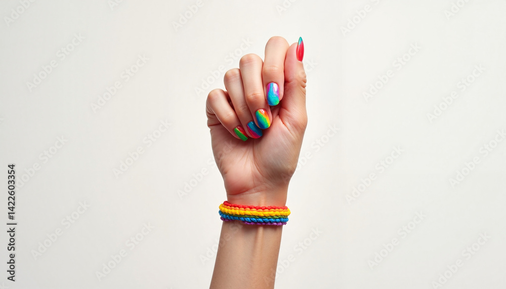 Rainbow bracelet hand gesture with bright nails against a plain background