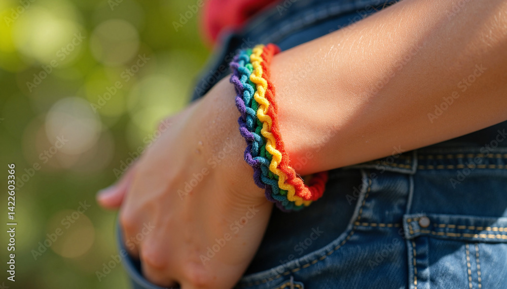 Rainbow bracelet on wrist showing vibrant colors and casual setting