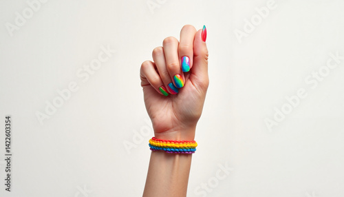Obraz na płótnie Rainbow bracelet hand gesture with bright nails against a plain background w salonie