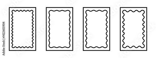Set of rectangle frames with wavy inner edges. Vignettes for pictures or photos wit curvy inside borders. Empty boxes, stamps, tags or labels. Vector graphic illustration.