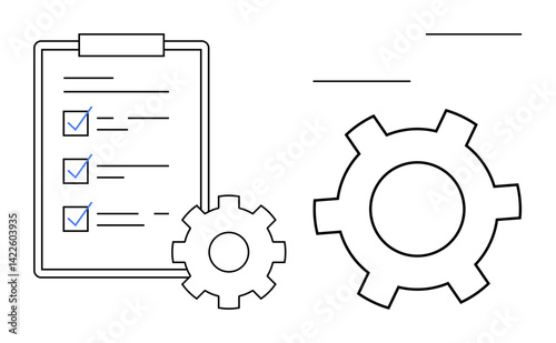 Checklist with marked tasks alongside two gears symbolizing process optimization and efficiency. Ideal for project management, organization, planning, productivity, workflow, automation, simple