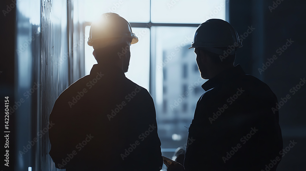 Two Engineers in Hard Hats Discussing at a Construction Site Two Engineers in Hard Hats Discussing at a Construction Site