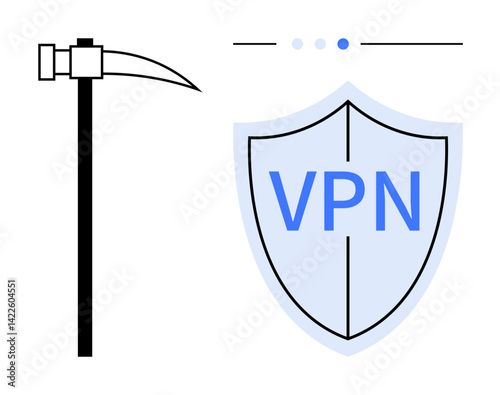 Pickaxe representing cyber threats, shield labeled VPN indicating protection, minimalistic theme. Ideal for cybersecurity, online safety, encryption, secure networks, data protection, risk