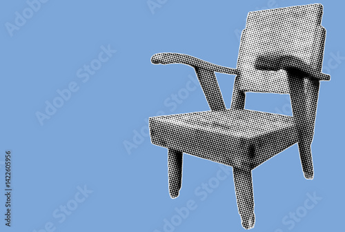 close up of wooden chair pixelate grayscale color halftone dotted texture style collage element isolated on blue background