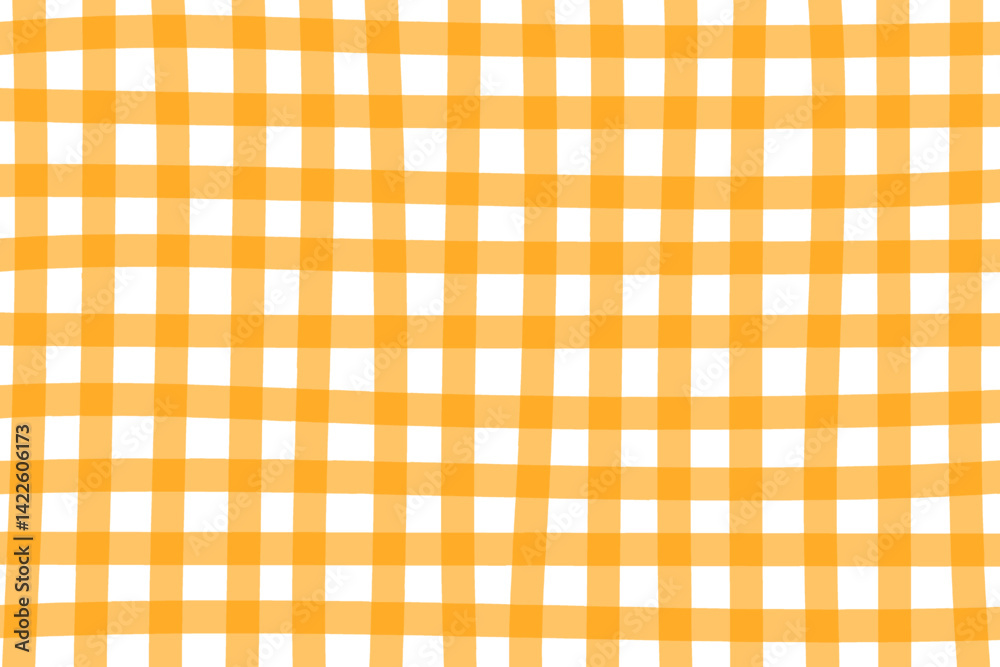 Checkered orange gingham or vichy pattern in doodle style. Picnic plaid, tablecloth or napkin texture in hand drawn technique. Crossed uneven lines. Minimalistic aesthetic print. Vector illustration.