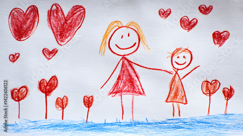 Childlike drawing of a mother and child surrounded by hearts and flowers, drawn with crayons on white paper, capturing simple love.